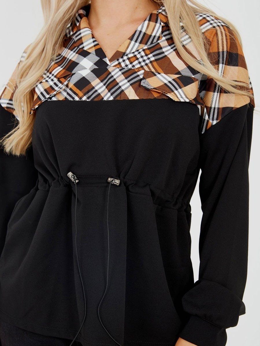 Black Check Drawstring Top