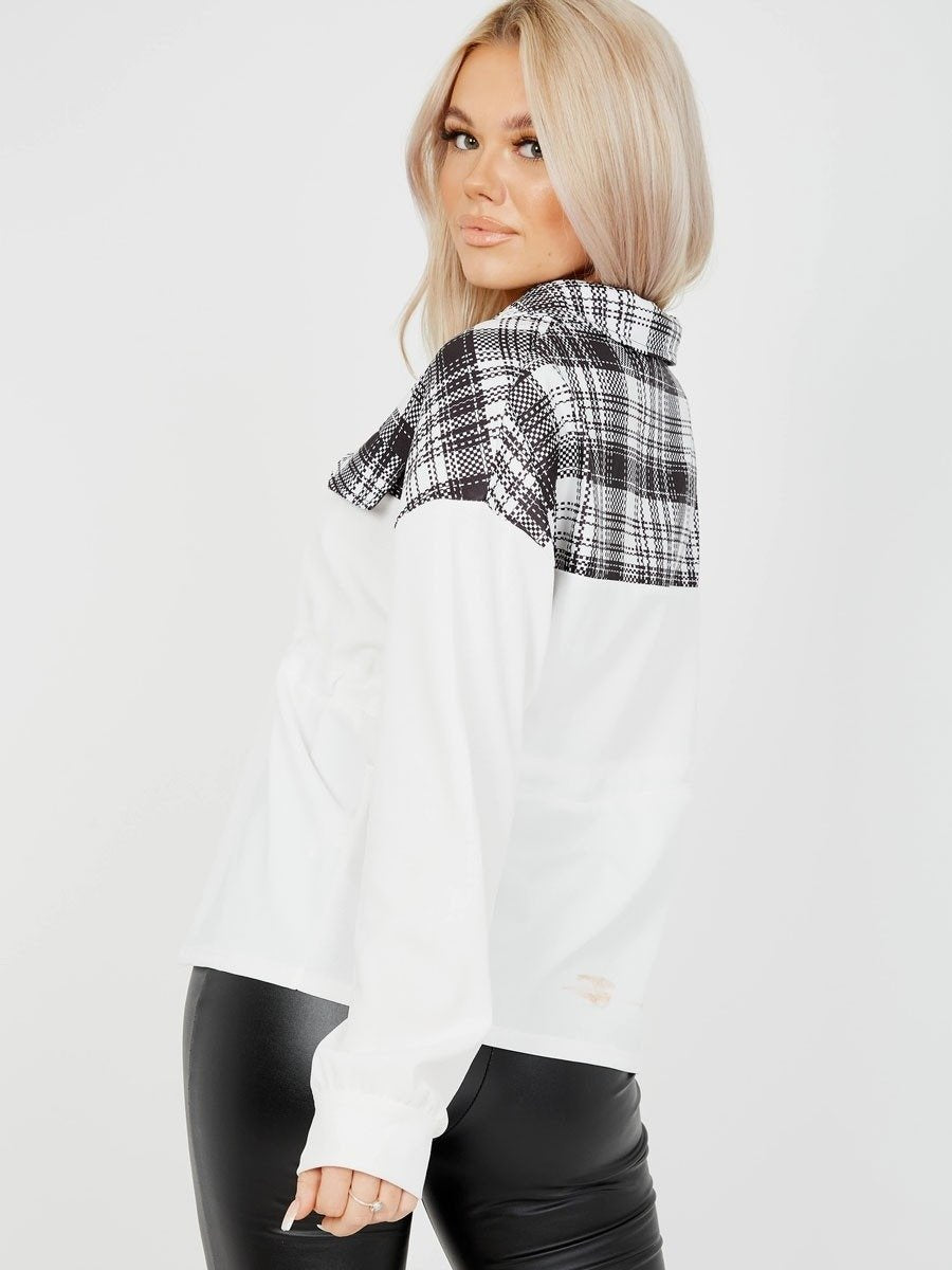 White Distorted Check Drawstring Top