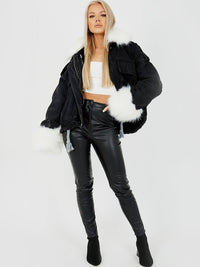 Black With White Fur Oversized Faux Fur Lined Denim Jacket