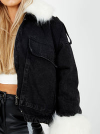 Black With White Fur Oversized Faux Fur Lined Denim Jacket