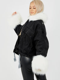 Black With White Fur Oversized Faux Fur Lined Denim Jacket