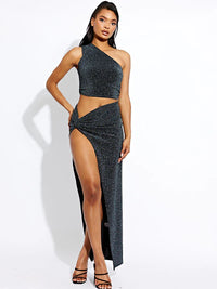 Silver Lurex One Shoulder Crop Top & Slit Maxi Skirt Co-ord Set