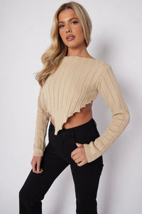 Stone Long Sleeves Asymmetric Dip Hem Ribbed Knit Crop Top