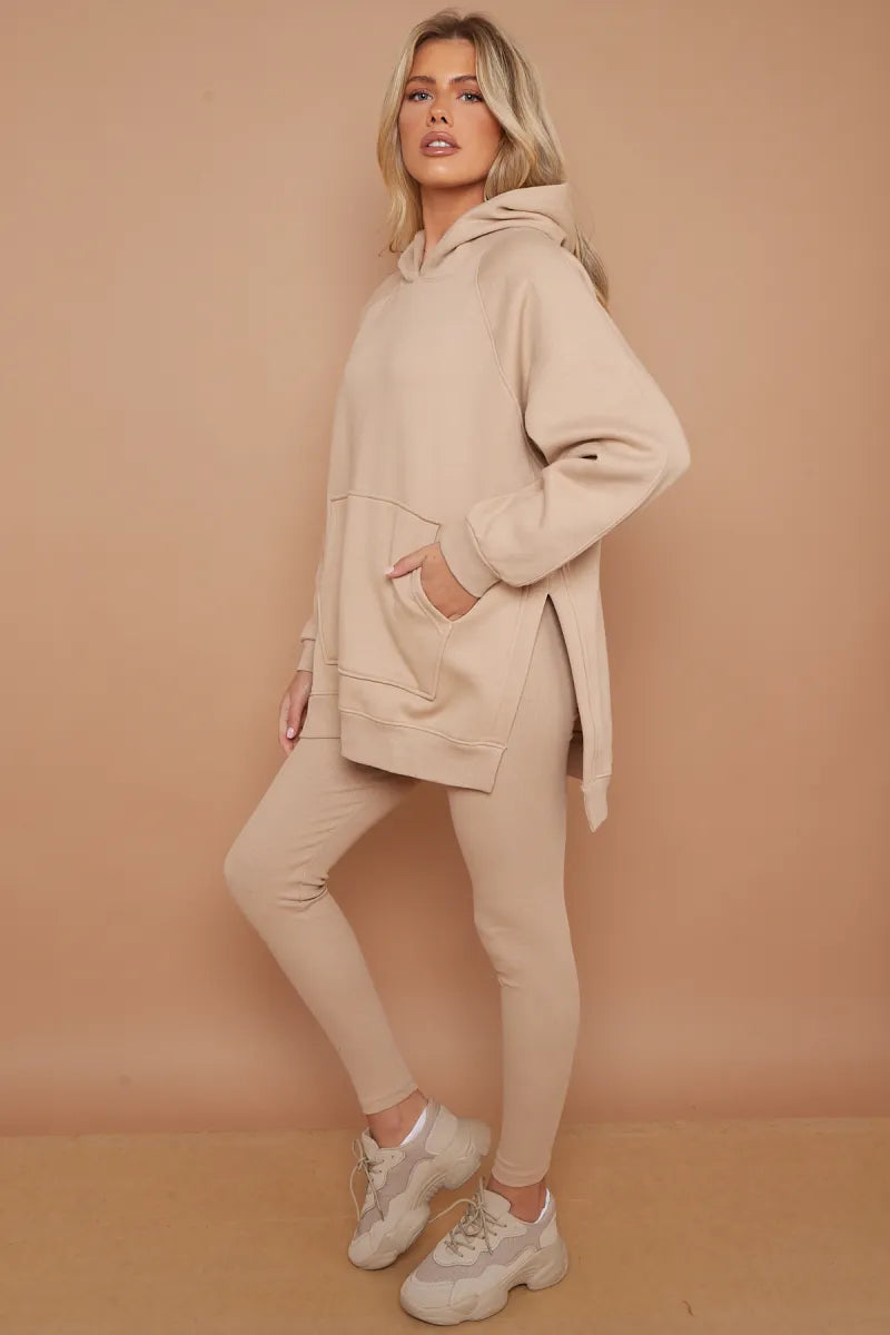 Stone Oversized Side Splits Hoodie & Ribbed Leggings Loungewear Set