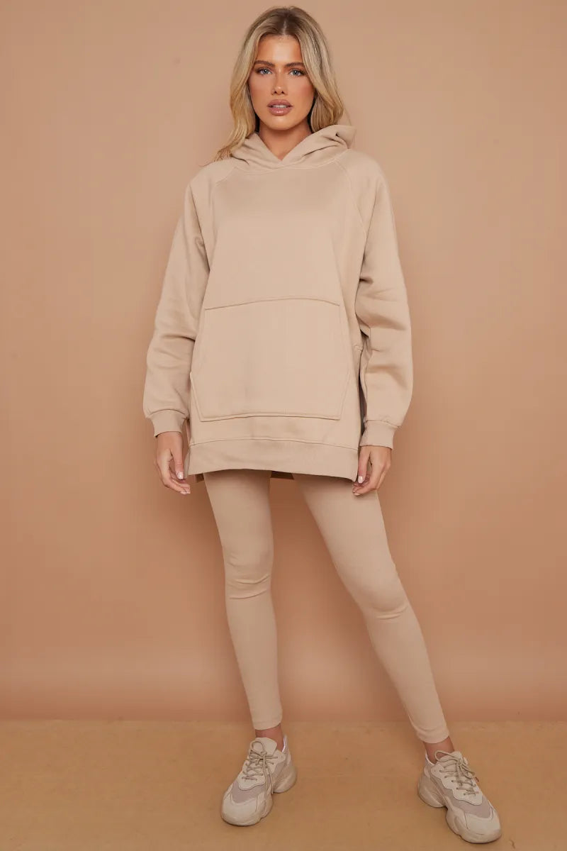 Stone Oversized Side Splits Hoodie & Ribbed Leggings Loungewear Set