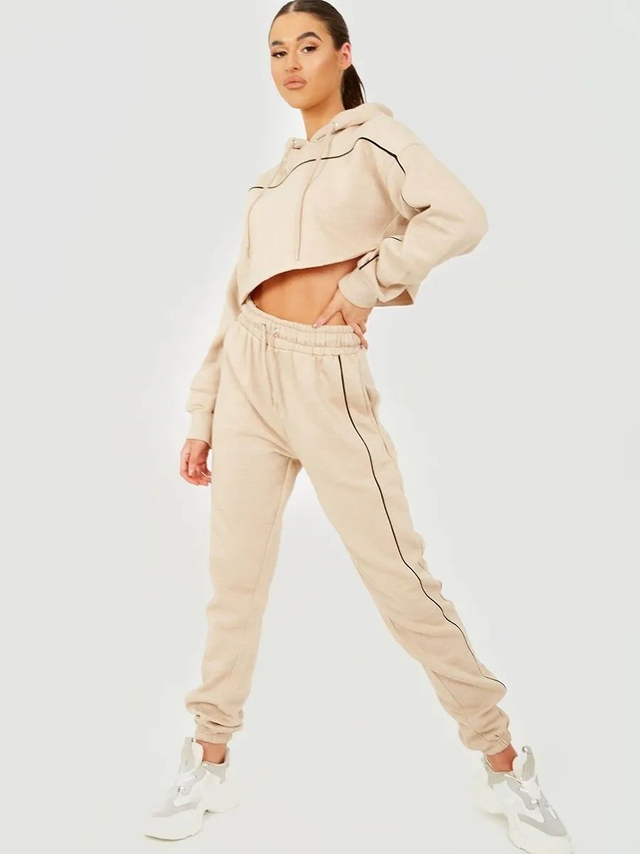 Stone Piping Detail Cropped Hoodie Jogger Co Ord Set