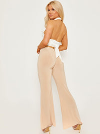 Stone Slinky Ruched Tie Waist Wide Leg Flare Trousers