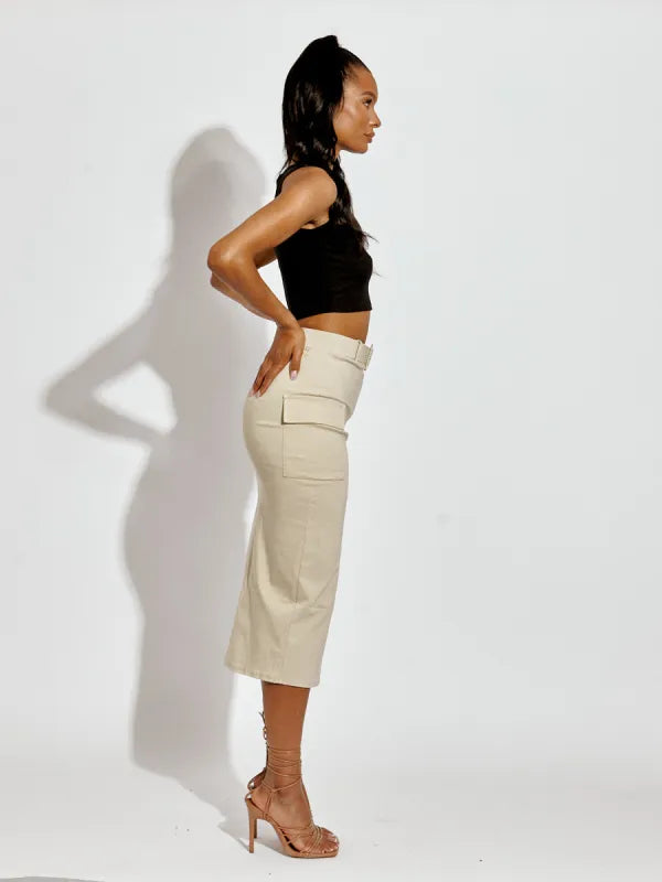 Stone Slit Cargo Style Midi Skirt With Matching Belt