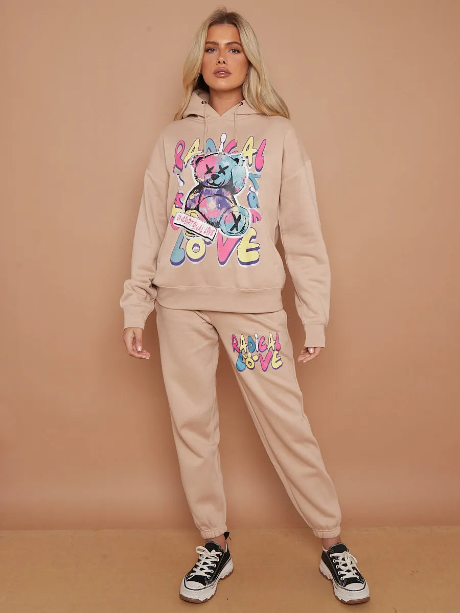 Stone Teddy Bear Oversized Hoodie & Jogger Graphic Loungewear Co-ord