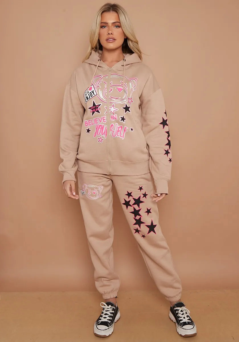 Stone Teddy Bear Zip Hoodie & Joggers Loungewear Co-ord Set