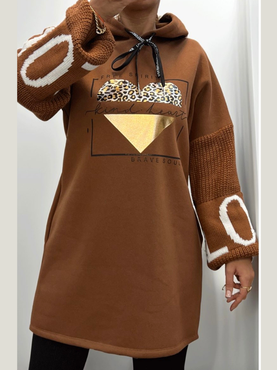 Chocolate Brown Love Heart Oversized Fleeced Hoodie Jumper Dress