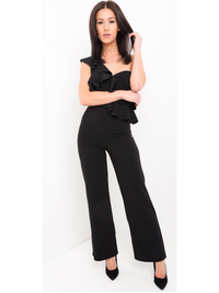 Black One Shoulder Frill Jumpsuit