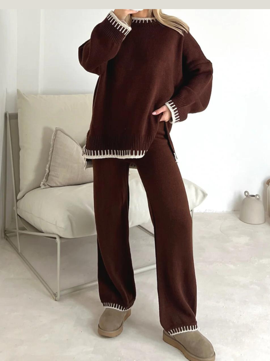 Brown Jumper & Trousers Knitted Loungewear Trim Two Piece Co-ord Set