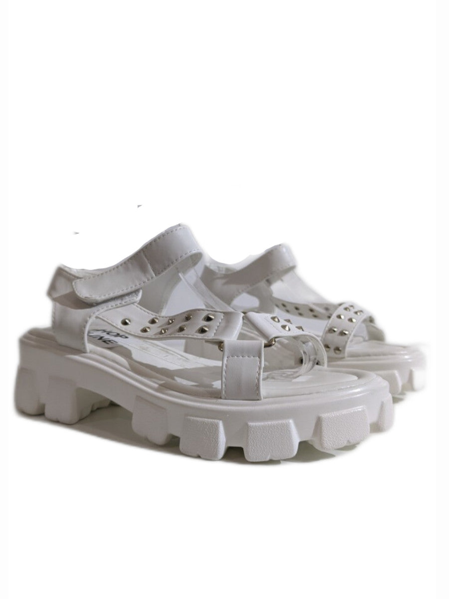 White Chunky Platform Track Sole Studded Sandals