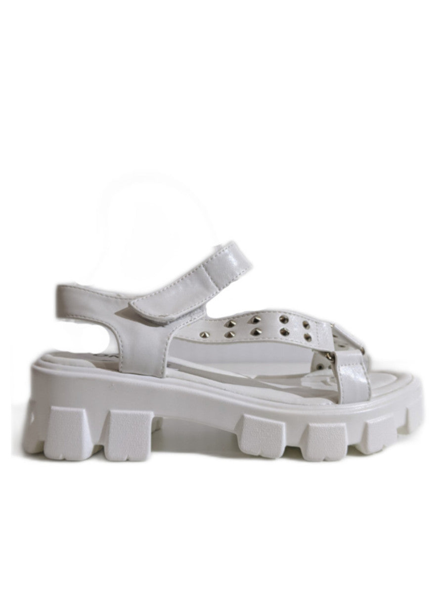 White Chunky Platform Track Sole Studded Sandals