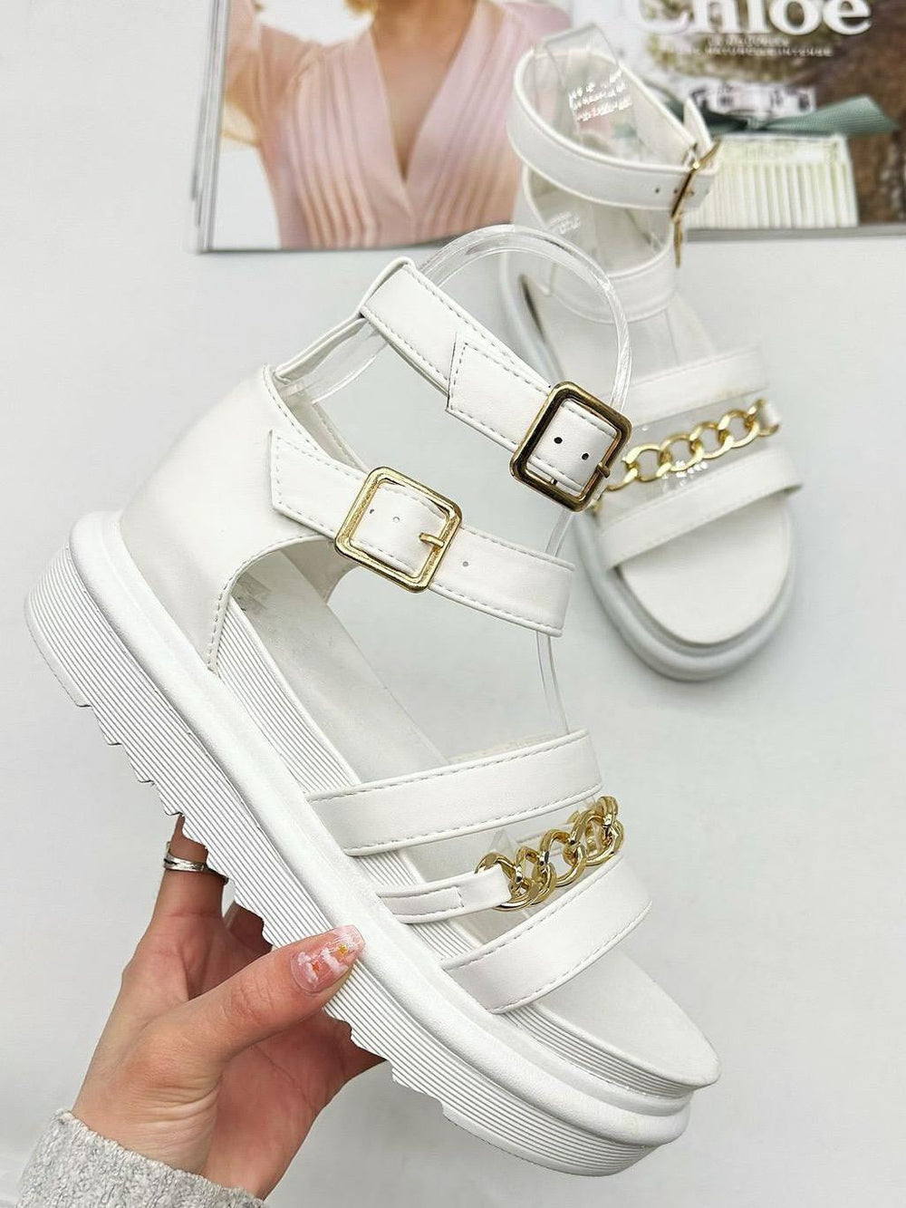 White Chunky Strap Sandals with Silver Chain Detail
