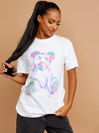 White Multicolour Teddy Bear Graphic Printed Oversized T-Shirt
