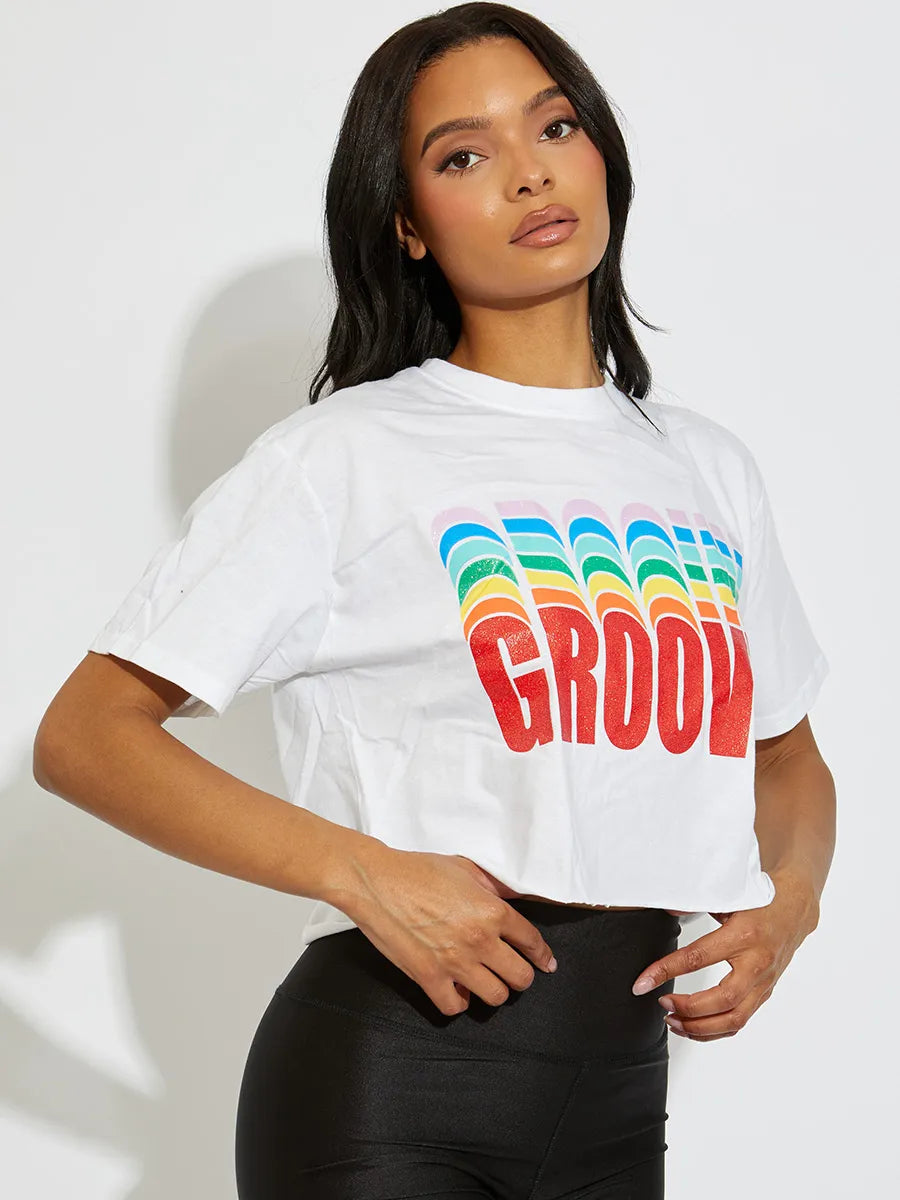 White Oversized Groovy Graphic Crop Top