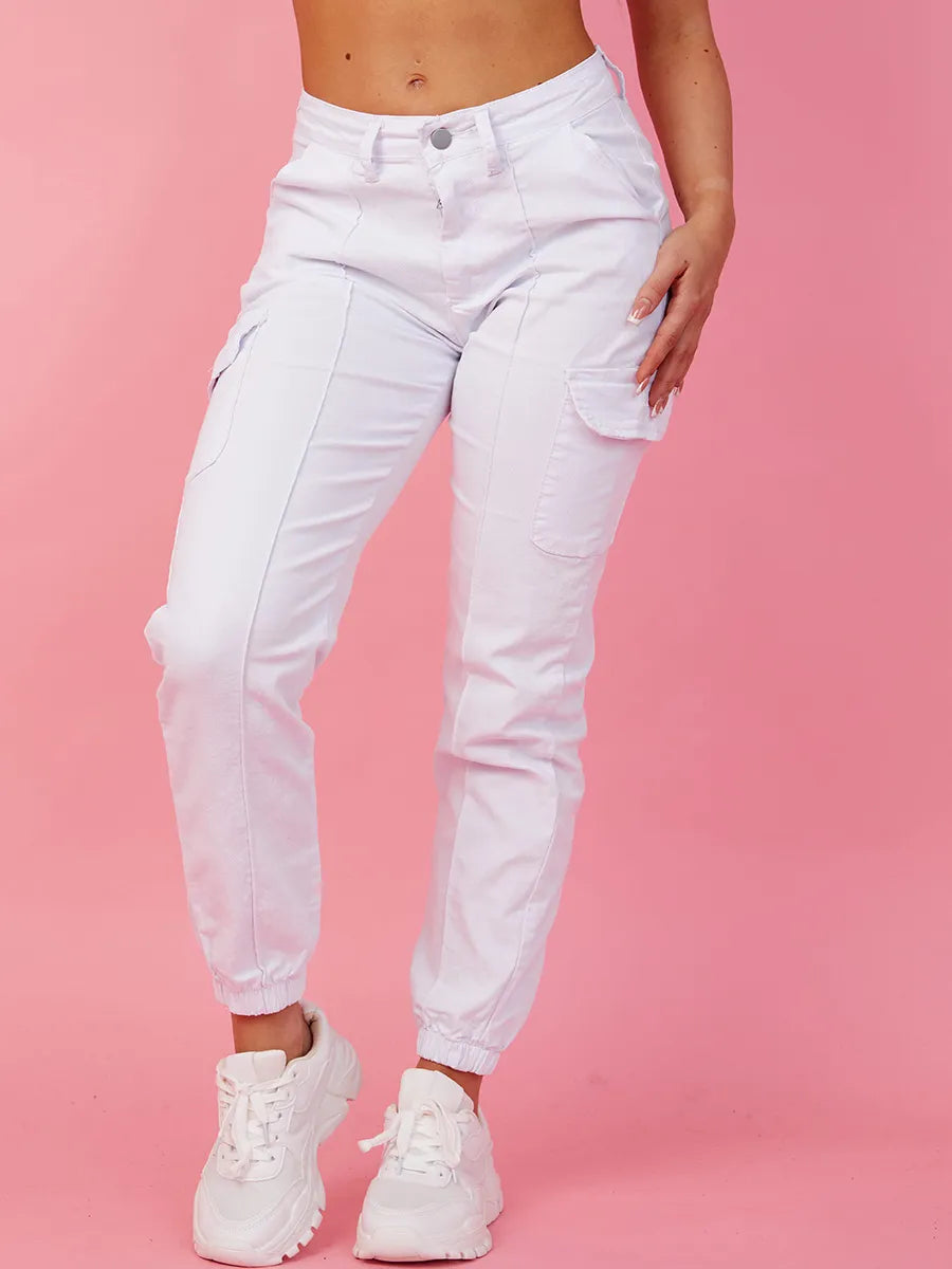 White Pocket Cuffed Hem Cargo Trousers