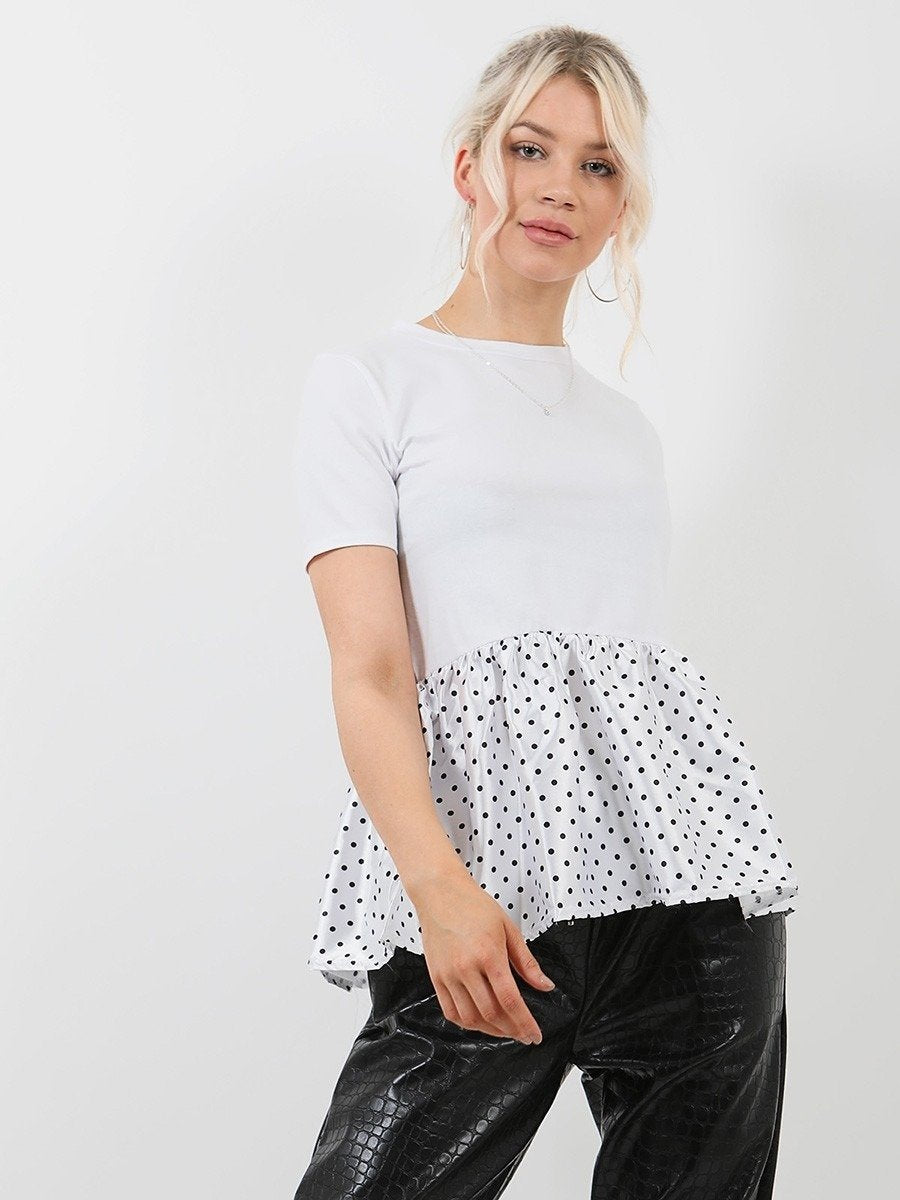 White Polka Dot Satin Frill Hem Top