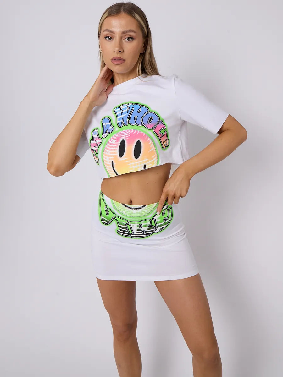 White Smiley Graphic Crop Top & Skirt Co-Ord