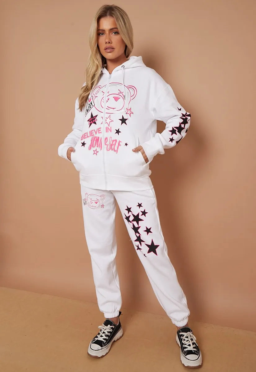 White Teddy Bear Zip Hoodie & Joggers Loungewear Co-ord Set