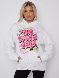 White The Lovely Club Graphic Print Oversized Hoodie