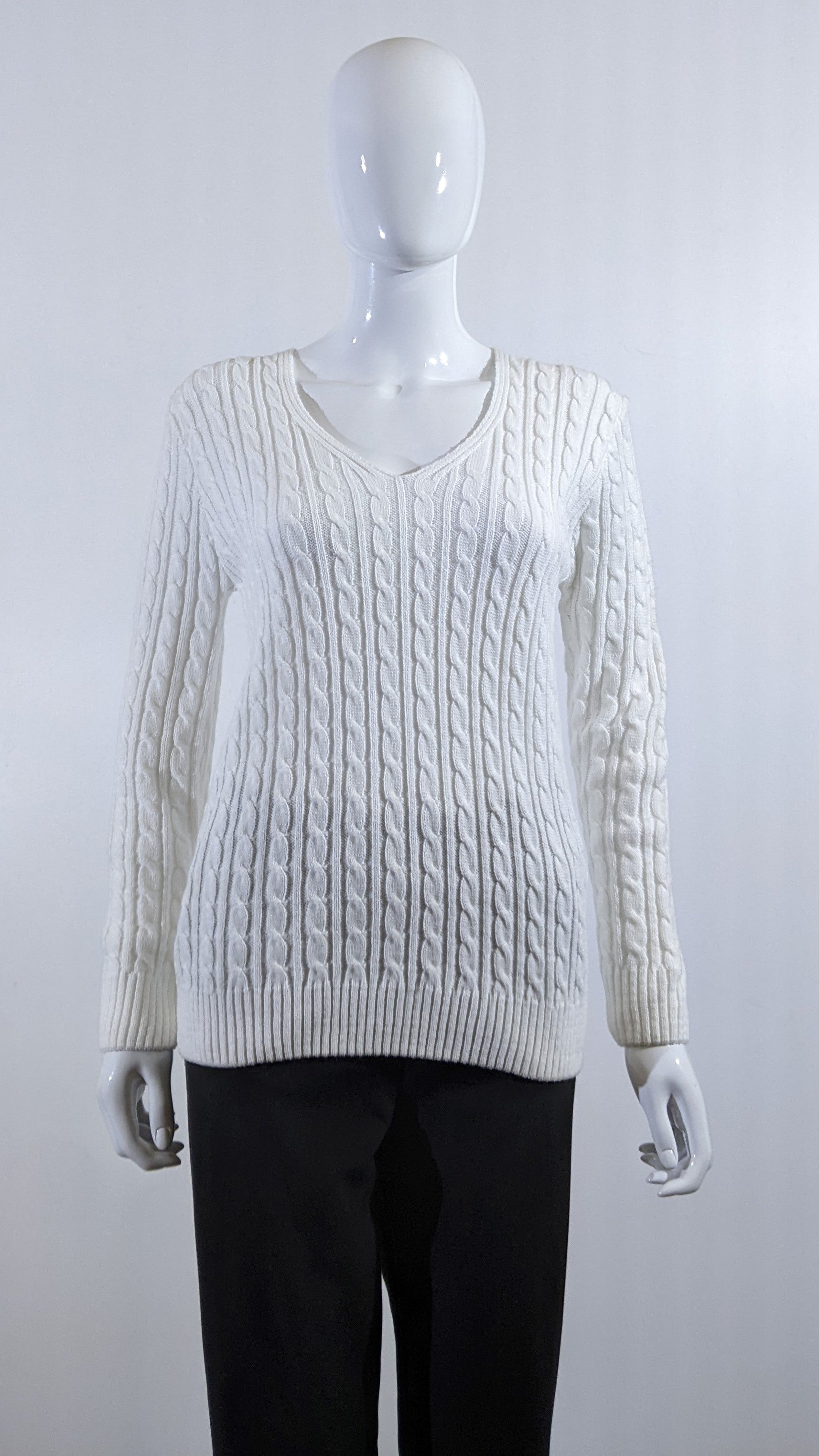 White V Neck Cable Knit Jumper FavouriteFashions.ie