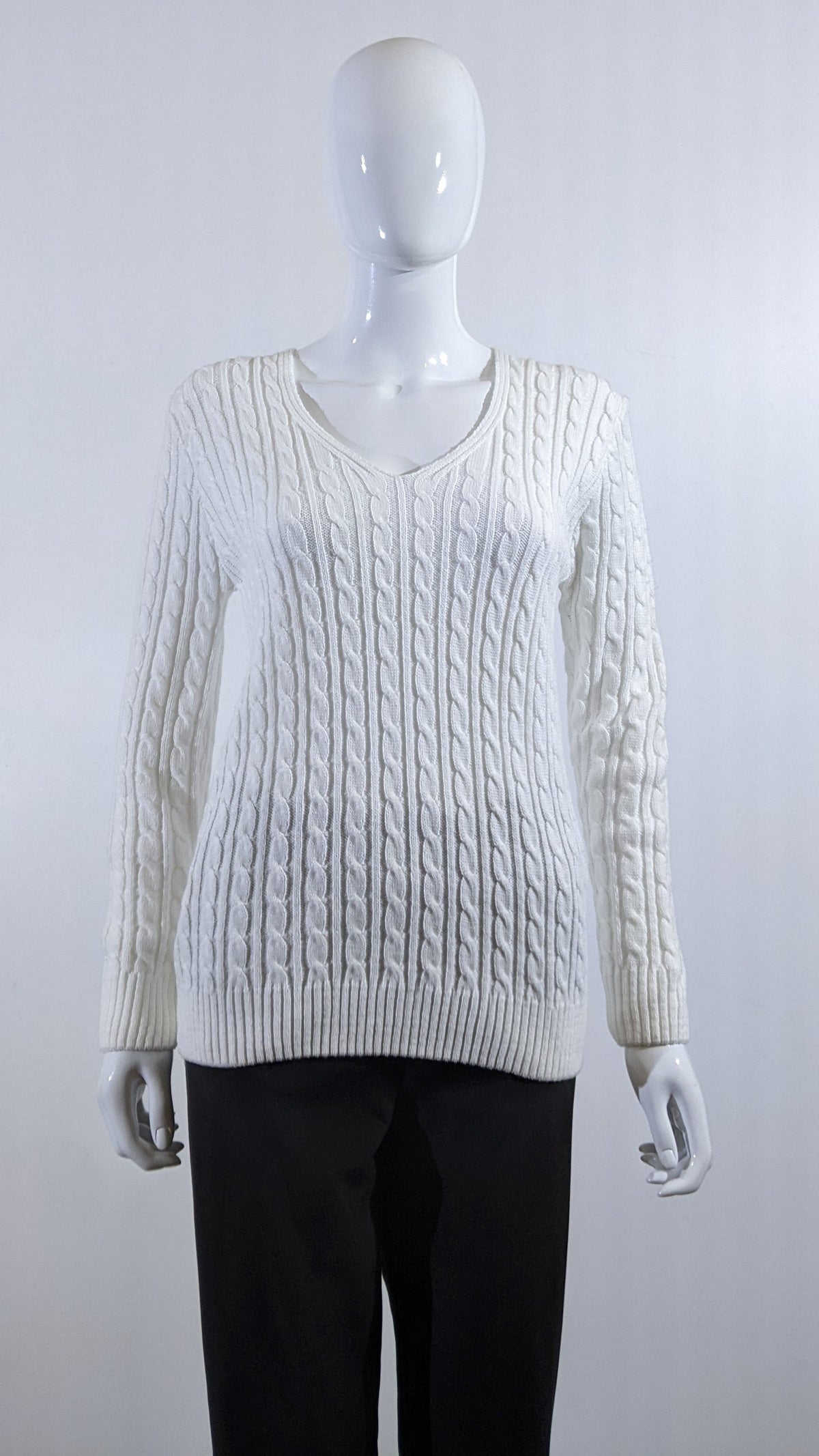 White V-Neck Cable Knit Jumper