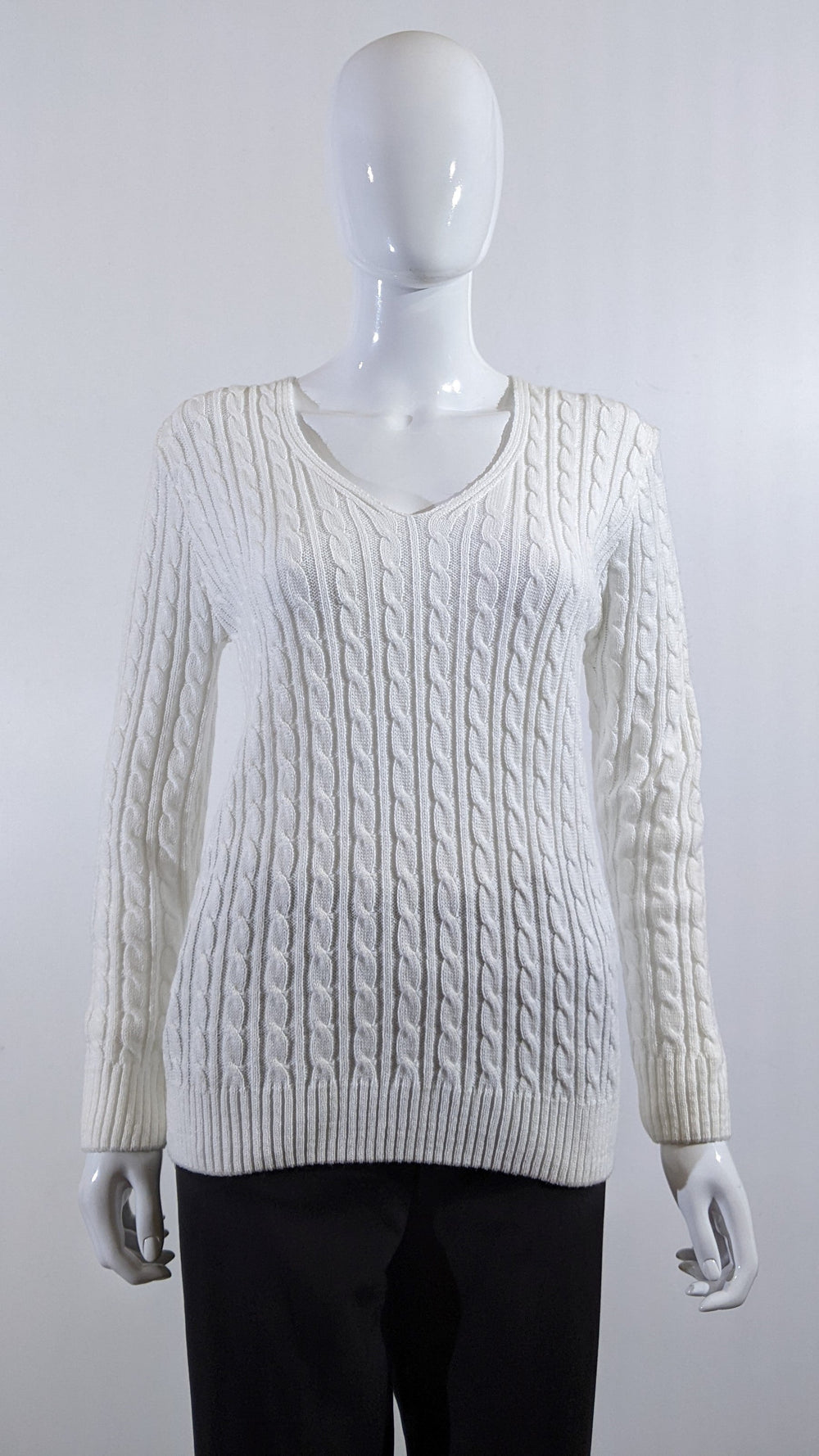 White V-Neck Cable Knit Jumper