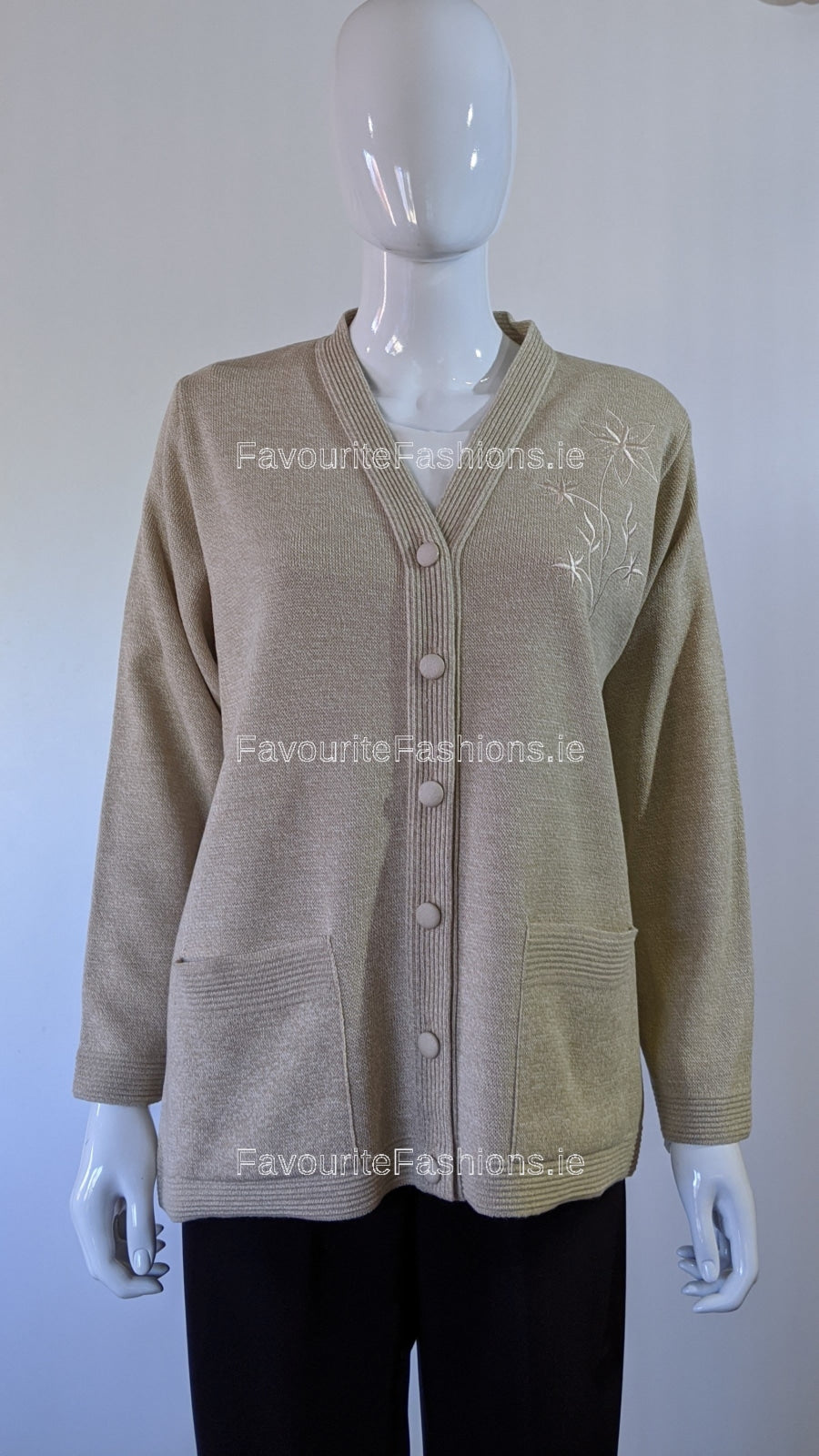 Beige V-Neck Neck Button Pocket Cardigan