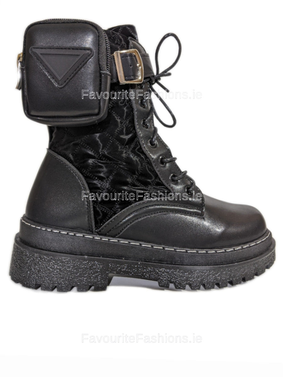 Black Chunky Sole Biker Boots with Pocket