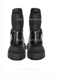 Black Chunky Sole Knit Buckle Biker Ankle Boots