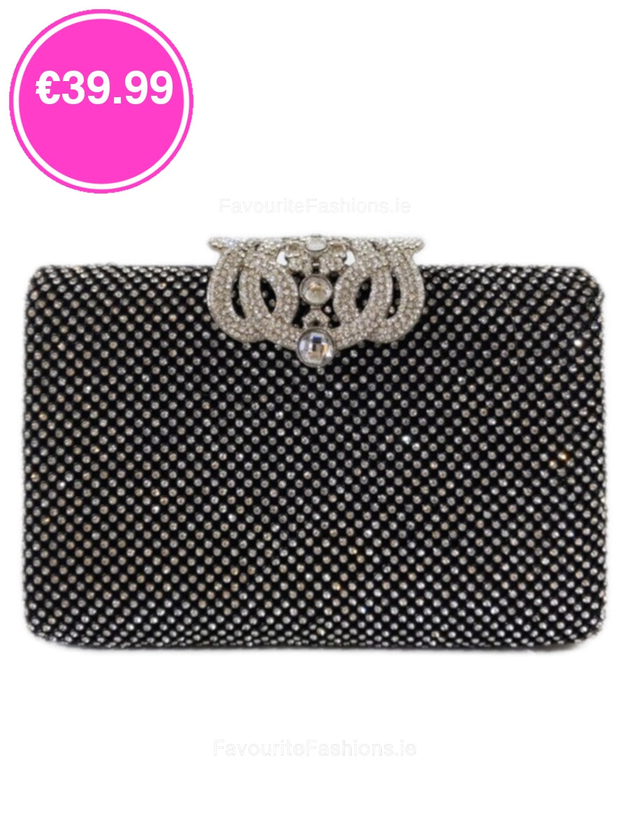 Black Diamante Embellished Diamond Design Clutch Bag FavouriteFashions.ie