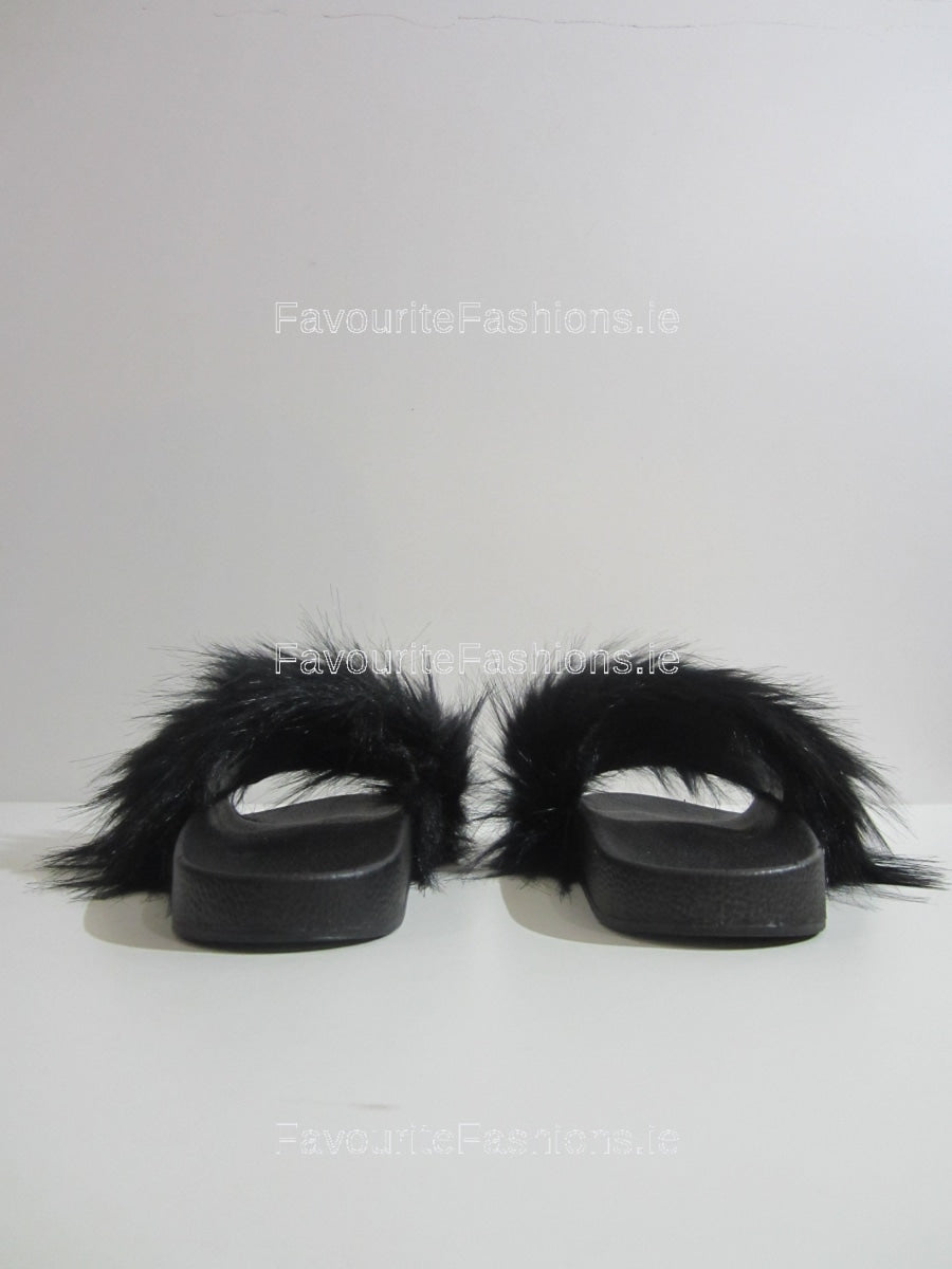 Black Extra Fluffy Faux Fur Sliders FavouriteFashions.ie