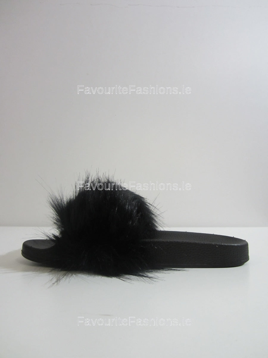 Black Extra Fluffy Faux Fur Sliders FavouriteFashions.ie