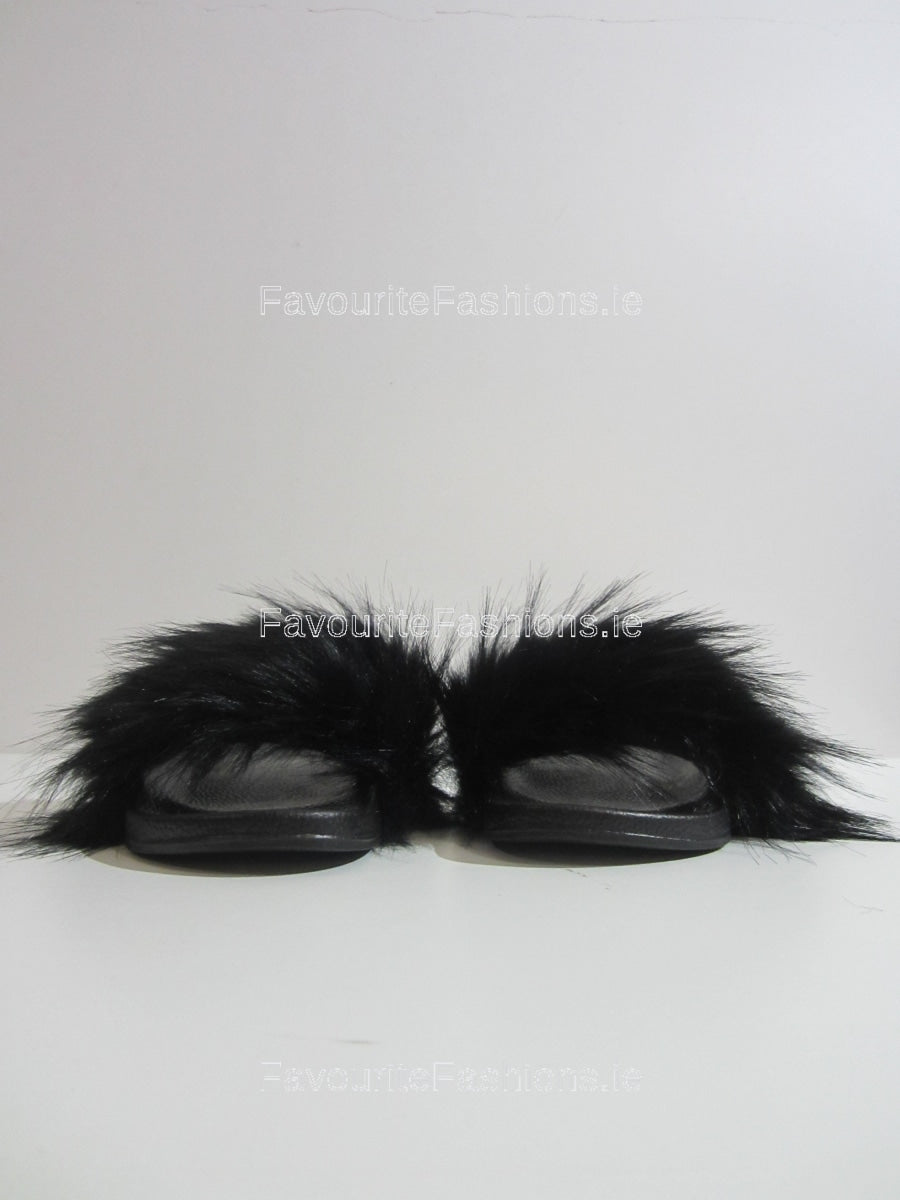 Black Extra Fluffy Faux Fur Sliders FavouriteFashions.ie