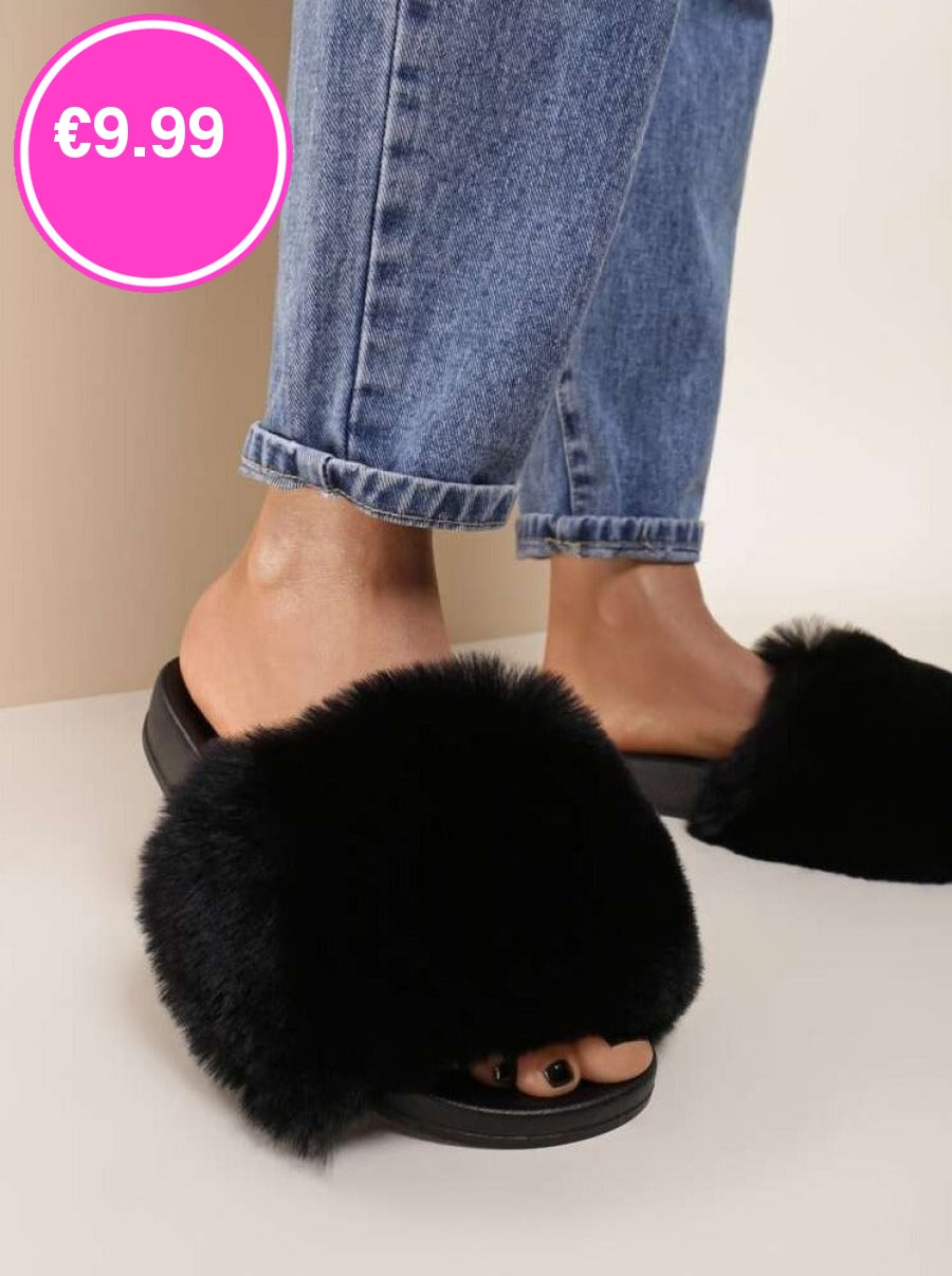 Black Faux Fur Fluffy Sliders FavouriteFashions.ie