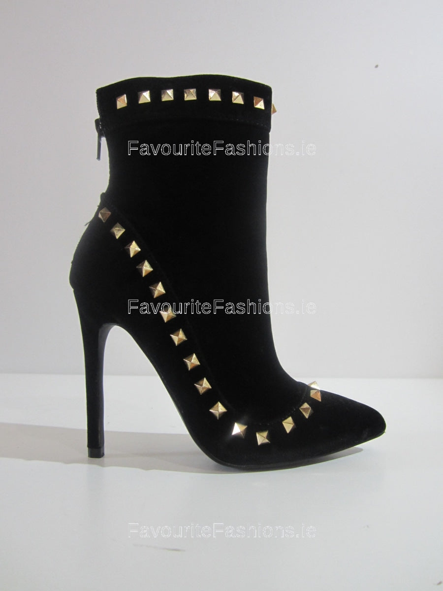 Black Faux Suede Stiletto Heel Gold Studded Ankle Boots