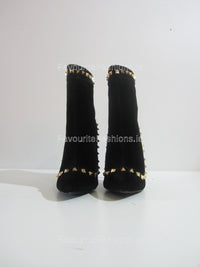 Black Faux Suede Stiletto Heel Gold Studded Ankle Boots