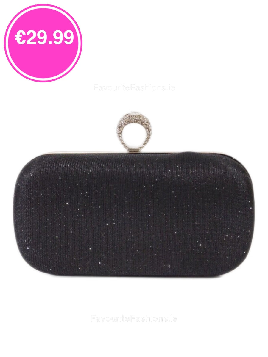 Black Glitter Diamond Ring Detail Clutch Bag