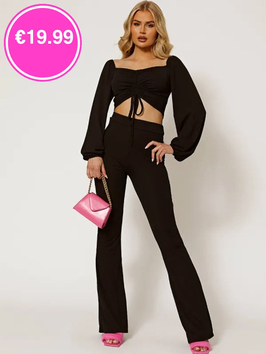 Black HIgh Waist Ribbed Flared Trousers