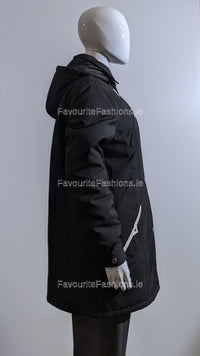 Black Hooded Cream Pocket Trim Long Coat