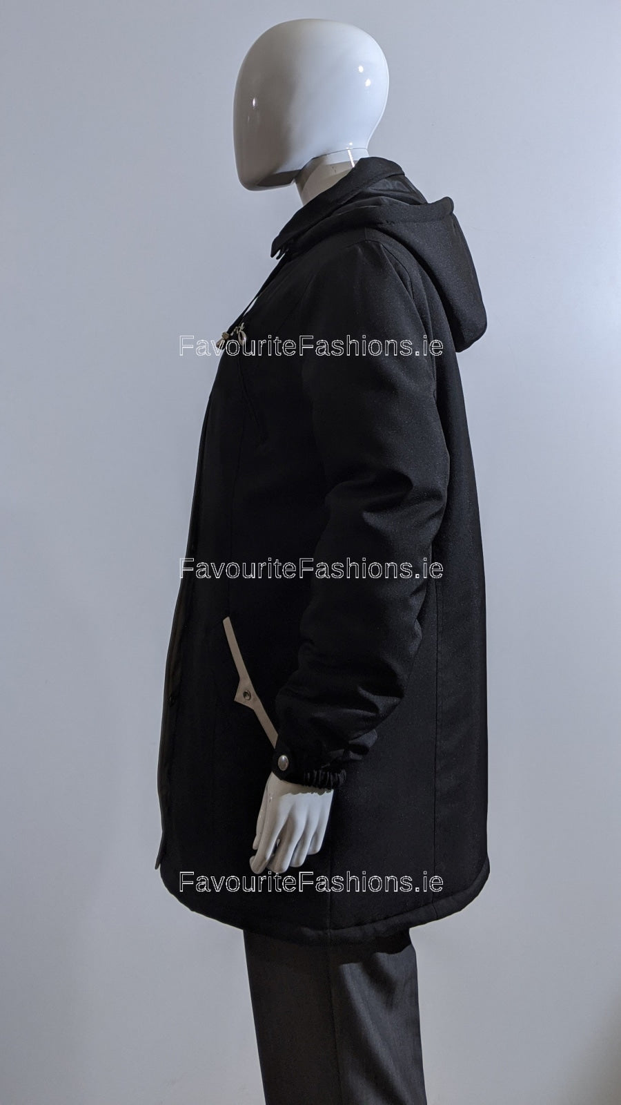 Black Hooded Cream Pocket Trim Long Coat