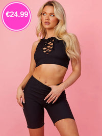 Black Lace Up Plunge Neck Crop Top & Shorts Co-Ord Set