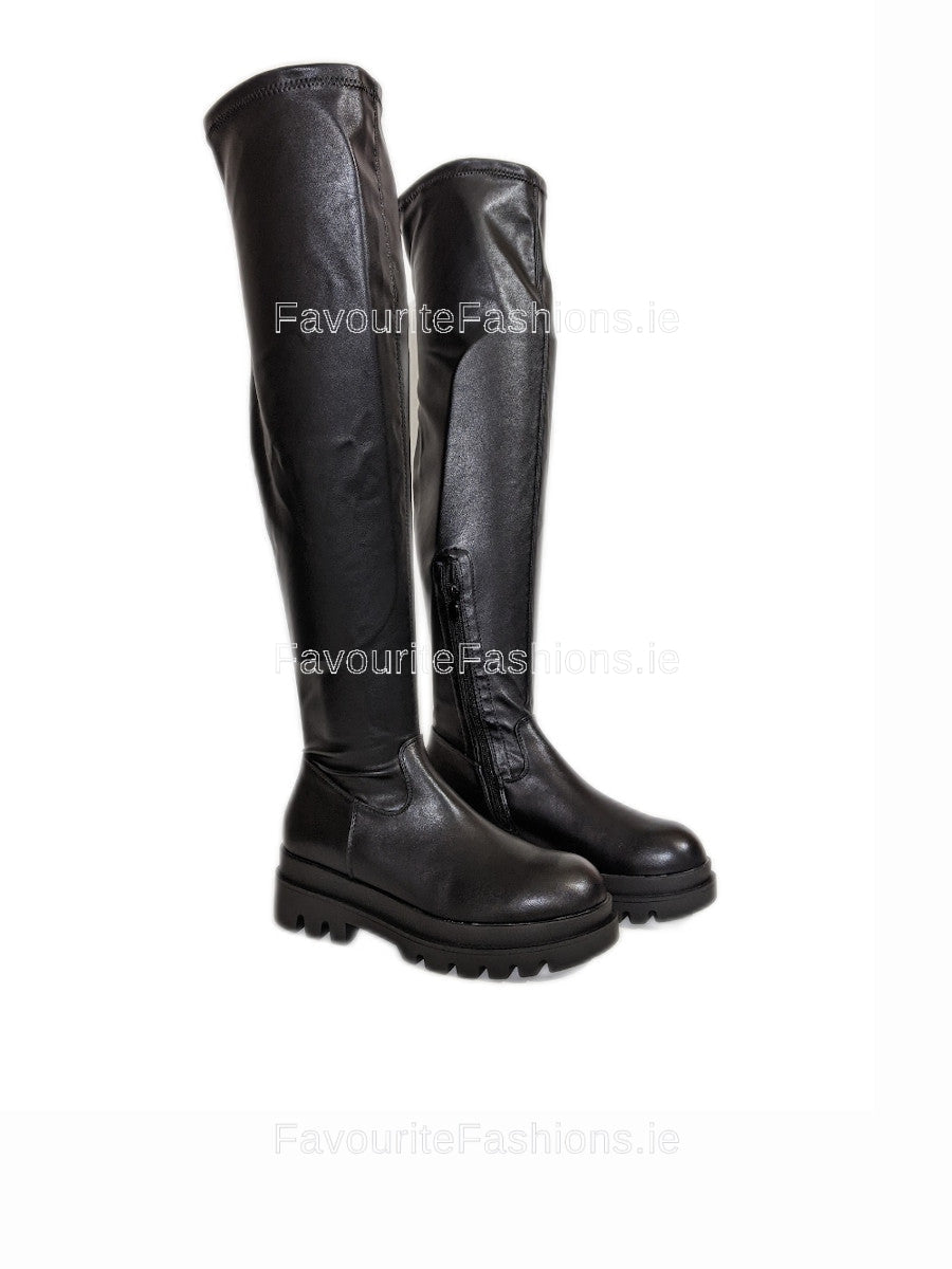 Black Over the Knee Chunky Sole Boots