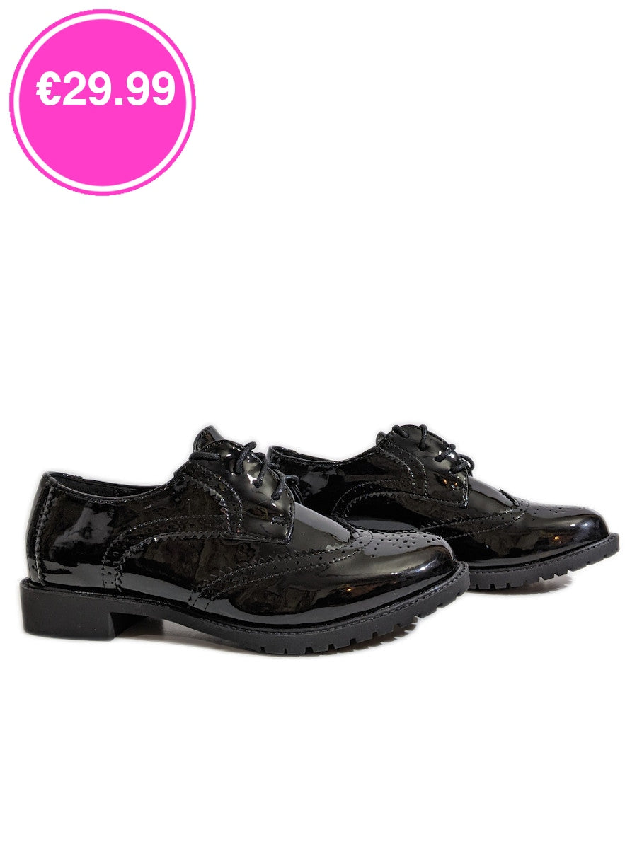 Black Patent Brogue Lace Up Flat Shoes