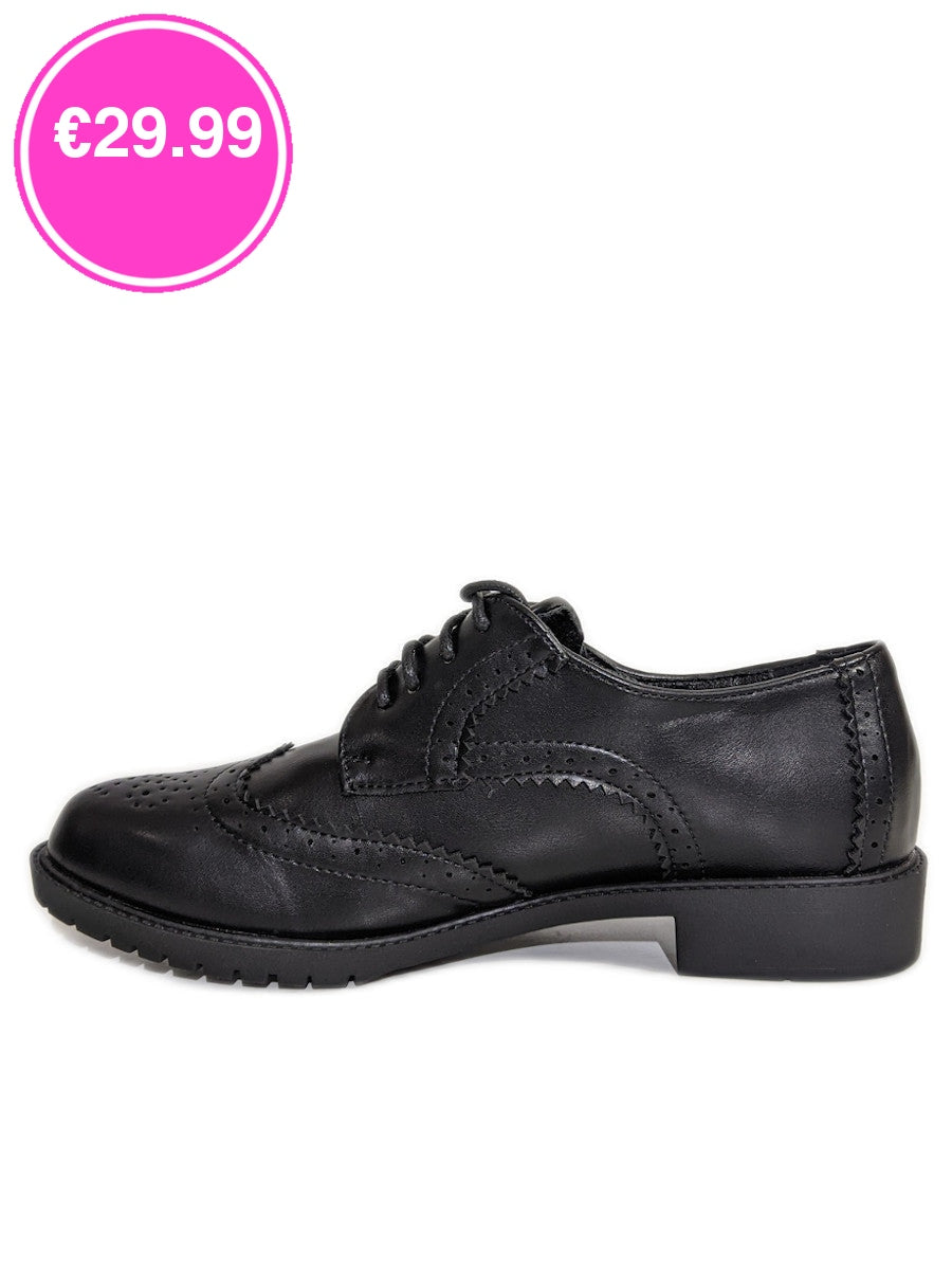 Black PU Brogue Lace Up Flat Shoes