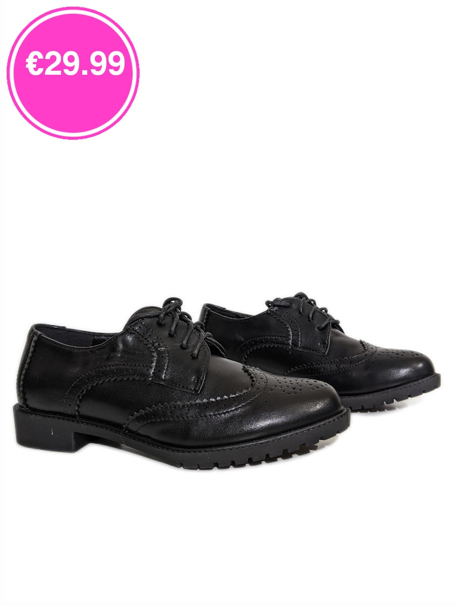 Black PU Brogue Lace Up Flat Shoes