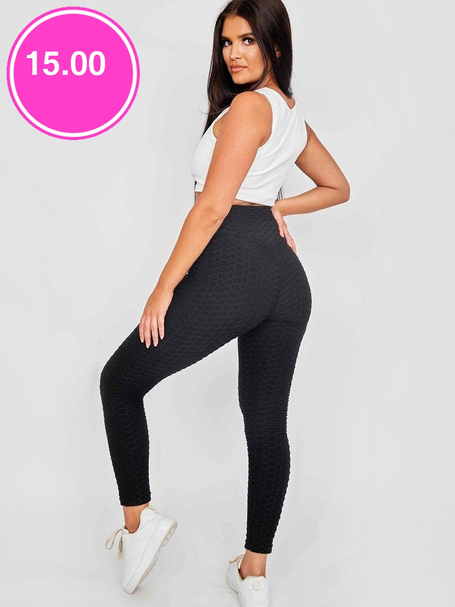 Black Ruched Back Honeycomb Texture Detail Active Legging